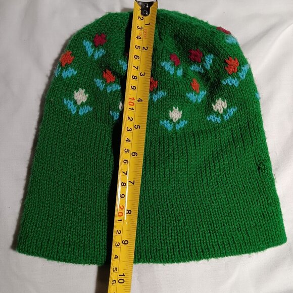 Vintage 1980's Boys Girls Medium Knitted Green Beanie Cap Floral Pattern - Picture 6 of 7